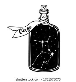 Glass Bottle with zodiac constellation inside. Vector ink illustration. Doodle style sketch, Black and white drawing isolated. Design for coloring book page for adults and kids.