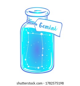 Glass Bottle with zodiac Gemini constellation inside. Vector ink illustration. Doodle style sketch, Color gradient drawing isolated on white. 
