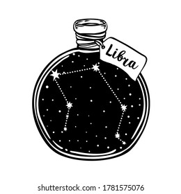 Glass Bottle with zodiac Libra constellation inside. Vector ink illustration. Doodle style sketch, Black and white drawing isolated. Design for coloring book page for adults and kids.