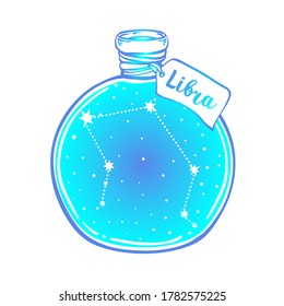 Glass Bottle with zodiac Libra constellation inside. Vector ink illustration. Doodle style sketch, Color gradient drawing isolated on white. 