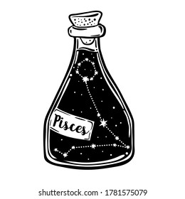 Glass Bottle with zodiac Pisces constellation inside. Vector ink illustration. Doodle style sketch, Black and white drawing isolated. Design for coloring book page for adults and kids.