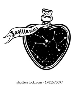 Glass Bottle with zodiac Sagittarius constellation inside. Vector ink illustration. Doodle style sketch, Black and white drawing isolated. Design for coloring book page for adults and kids.