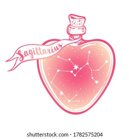 Glass Bottle with zodiac Sagittarius constellation inside. Vector ink illustration. Doodle style sketch, Color gradient drawing isolated on white. 