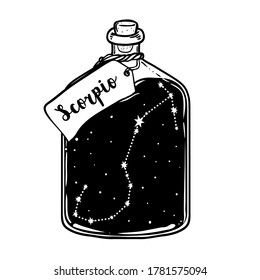 Glass Bottle with zodiac Scorpio constellation inside. Vector ink illustration. Doodle style sketch, Black and white drawing isolated. Design for coloring book page for adults and kids.