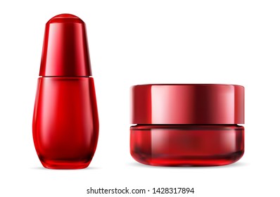 Glass Bottleand Cream Jar Set. Packaging Mockup Concept. Luxury Cosmetic Template Design for Essence. Perfumery Spray. Glossy Red Toner and Powder Container. Liquid Facial Care and Treatment.