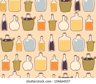 glass bottles with alcohol drink. seamless pattern