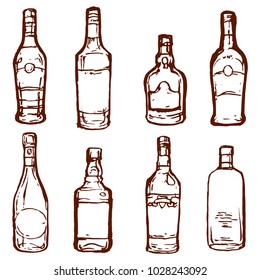 Glass bottles alcohol drinks set design collection ink sketch hand drawn isolated on white background illustration, rum, whiskey, vodka outline