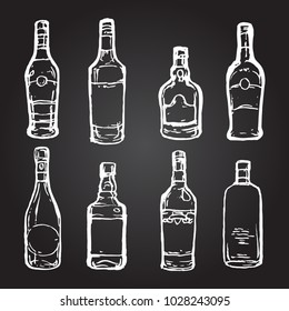 Glass bottles alcohol drinks set design collection ink sketch hand drawn isolated on white background illustration, rum, whiskey, vodka chalk on blackboard