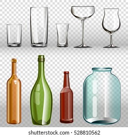 Glass bottles ans realistic transparent 3d set. Isolated on transparent background. Vector illustration.