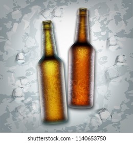 Glass bottles of beer isolated on ice cubes background vector realistic illustration top view