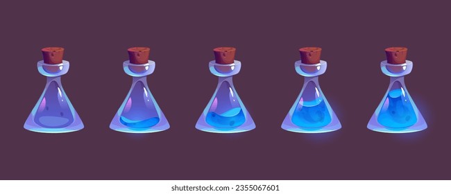 Glass bottles with blue magic elixir isolated on background. Vector cartoon illustration of corked alchemy lab flasks, empty or filled with neon liquid substance, water, medicine, poison antidote