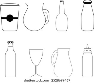 Glass bottles, cans, soy sauce bottles and glass bottles icon set. Black color outline icon on white background.