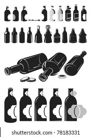 Glass bottles collection, gray scale, vector