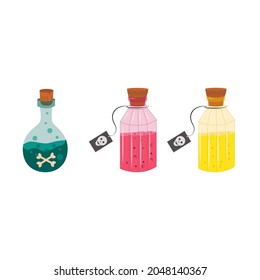 Glass bottles with a colorful magical potion. Alchemy beverage elixir. Halloween concept. Elements for game design. Good for web and print. Cute illustration isolated on white.
