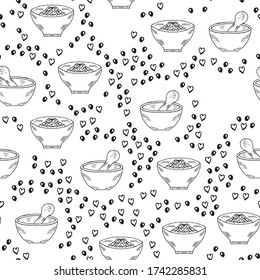 Glass bottles for cosmetics, natural medicine, essential oils or other liquids, mortar, bowl in sketch style. Doodle set, seamless pattern, isolated on white. For packaging or wrapping paper.