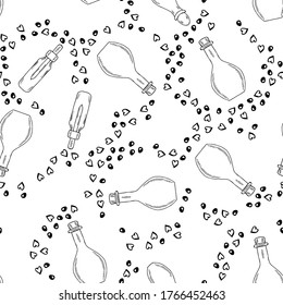 Glass bottles for cosmetics, natural medicine, essential oils or other liquids, mortar, bowl in sketch style. Doodle set, seamless pattern, isolated on white. For packaging or wrapping paper.
