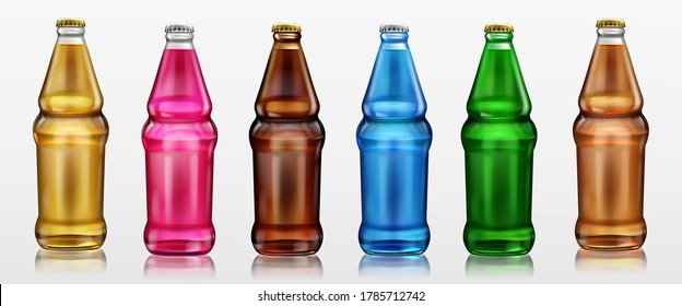 Glass bottles with different drinks, beer, soda and lemonade. Vector realistic set of beverages in bottles of clear, brown and green glass with metal cap isolated on white background