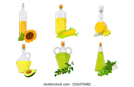 Glass Bottles With Different Edible Oil Vector Set