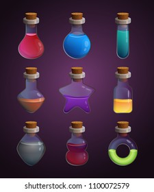 Glass bottles at different shapes with various liquid poison. Tools for game design projects. Alchemy potion bottle, chemistry magic liquid elixir, vector illustration