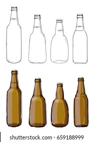 Glass bottles drawn by a line on a white background. Beer, cider, lemonade. Dark glass. Sketch of meal line on white background.