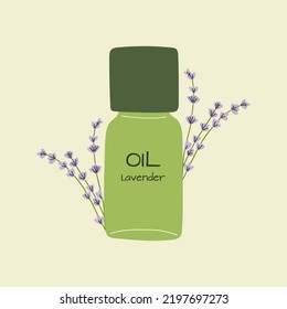 Botellas de vidrio con aceites esenciales. Lavanda. Ilustración vectorial plana.
