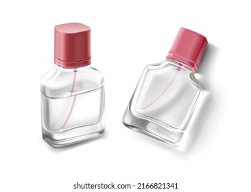 Botellas de vidrio para fragancia, perfume, colonia, pulverización cosmética. Modelación vectorial realista de los recipientes transparentes en blanco 3d con tubos, tapas rosadas y líquido transparente aislado en la vista del ángulo de fondo blanco