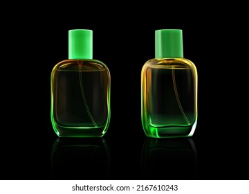 Glass bottles for fragrance, perfume, cologne, cosmetic spray. Vector realistic mockup set of 3d blank transparent containers with tubes, green caps and clear fluid isolated on black background