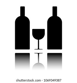 glass and bottles icon. Black icon with mirror reflection on whi