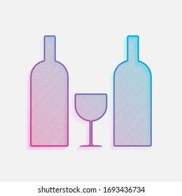 icono de cristal y botellas. Logo coloreado con líneas diagonales y degradado azul-rojo. Gráfico neón, efecto ligero