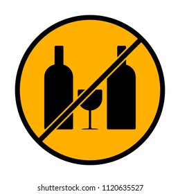 glass and bottles icon. not allowed, black object in warning sign with orange background color