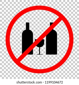 glass and bottles icon. Not allowed, black object in red warning sign with transparent background