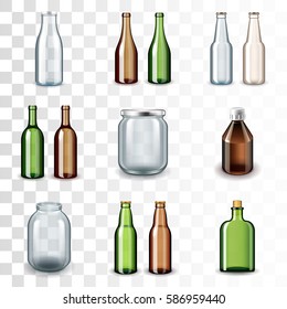 Glass bottles icons detailed photo realistic vector set