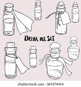 Glass bottles or jars with label. Vector illustration. Ink doodle style sketch. Black and white illustration isolated on white. Drink me concept.