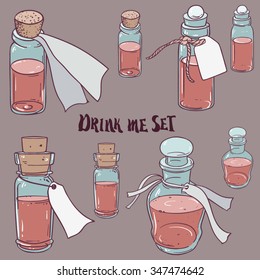 Glass bottles or jars with label. Vector illustration. Ink doodle style sketch. Color illustration. Drink me concept.