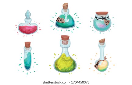 Glass Bottles and Jars with Potion Corked with Bottle Cap and Lid Vector Set