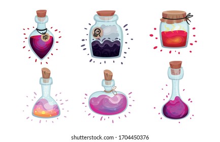 Glass Bottles and Jars with Potion Corked with Bottle Cap and Lid Vector Set