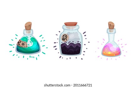 Glass Bottles and Jars with Potion Corked with Bottle Cap Vector Set