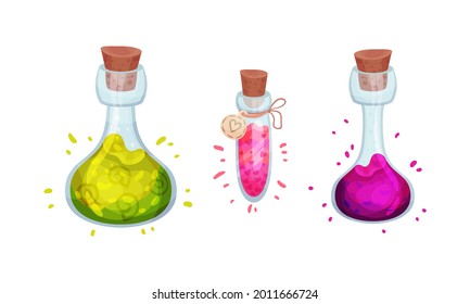 Glass Bottles and Jars with Potion Corked with Bottle Cap Vector Set