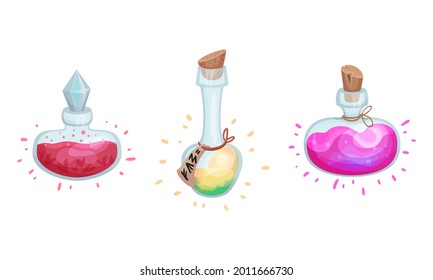 Glass Bottles and Jars with Potion Corked with Bottle Cap Vector Set