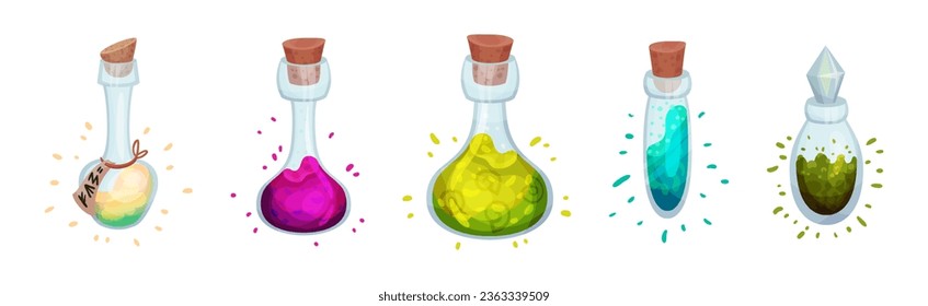 Glass Bottles and Jars with Potion Corked with Bottle Cap Vector Set