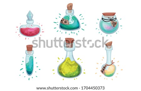 Glass Bottles and Jars with Potion Corked with Bottle Cap and Lid Vector Set