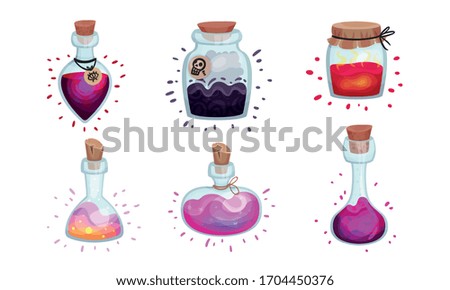 Glass Bottles and Jars with Potion Corked with Bottle Cap and Lid Vector Set