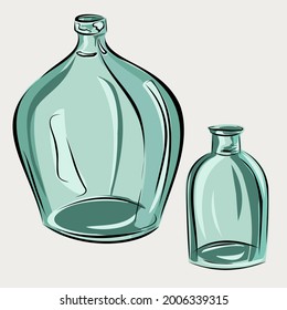 Glass bottles, jars. Transparent blue and green glass. A vase for flowers, water. Interior decoration, container. Isolated vector objects.