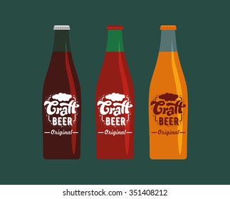 Glass bottles with labels - craft beer (on a dark green background). Vector art. Lettering collection.