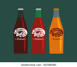 Glass bottles with labels - craft beer (on a dark green background). Vector art. Lettering collection.