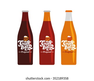 Glass bottles with labels - craft beer (on a white background). Vector art. Lettering collection.