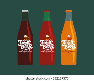 Glass bottles with labels - craft beer (on a dark green background). Vector art. Lettering collection.