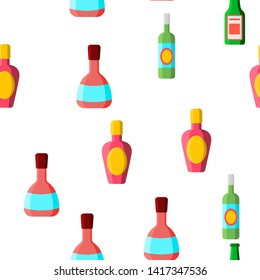 Glass Bottles Linear Vector Icons Seamless Pattern. Plastic, Glass Bottles Contour Symbols Pack. Alcohol Simple Color Pictograms Collection. Wine, Beer, Soda Flat illustrations