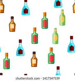 Glass Bottles Linear Vector Icons Seamless Pattern. Plastic, Glass Bottles Contour Symbols Pack. Alcohol Simple Color Pictograms Collection. Wine, Beer, Soda Flat illustrations
