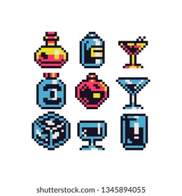 Glass bottles with liquid and alcoholic beverages jar pixel art icon set isolated vector illustration. Design for stickers, logo alcohol store, mobile app, stamp, web. 8-bit sprite